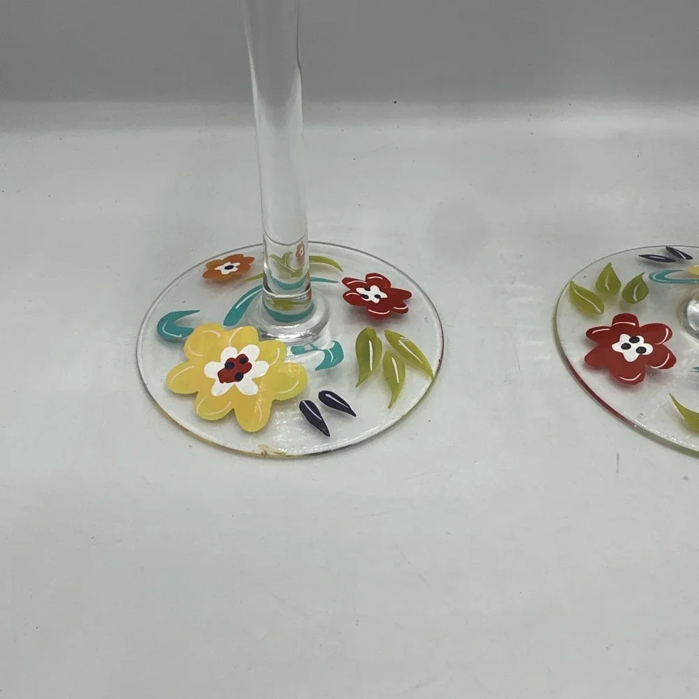 Pier 1 Hand Painted Spring Floral Wine Glasses (3) 9-1/2